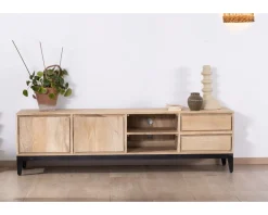 Meuble House Grand meuble TV 180 cm en manguier massif avec portes, niches et tiroirs 