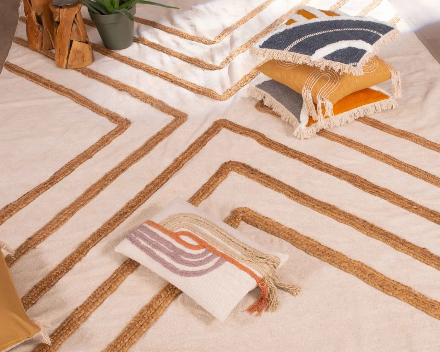 Meuble House Grand tapis de salon tissé main en coton et jute 200x300cm "Ethnic" Outlet