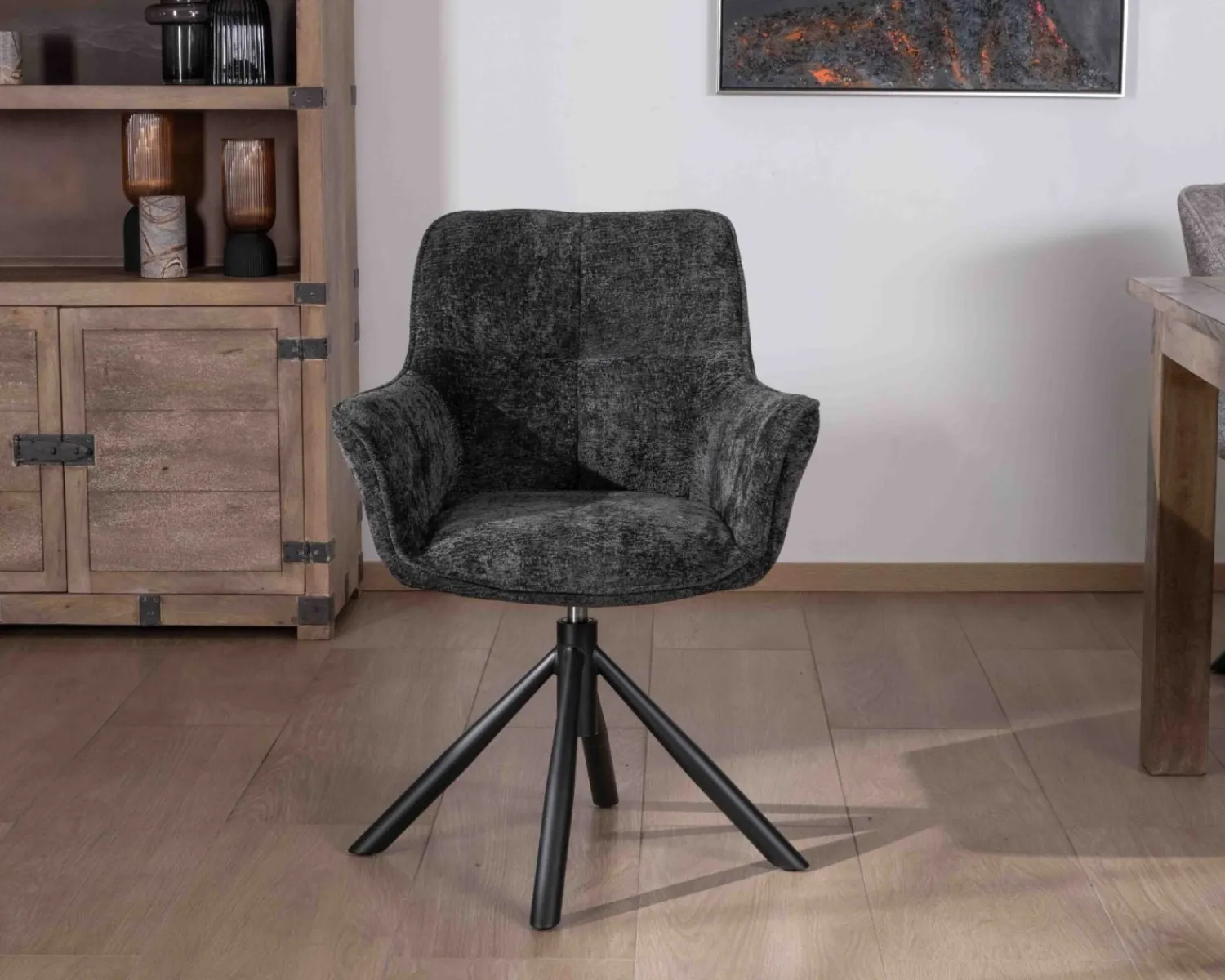 Meuble House Lot de 2 chaises avec accoudoirs en tissu noir et pied métal pivotant "Ewing" Online