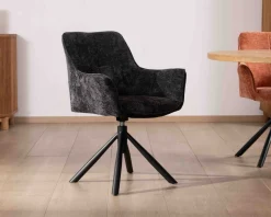 Meuble House Lot de 2 chaises avec accoudoirs en tissu noir et pied métal pivotant