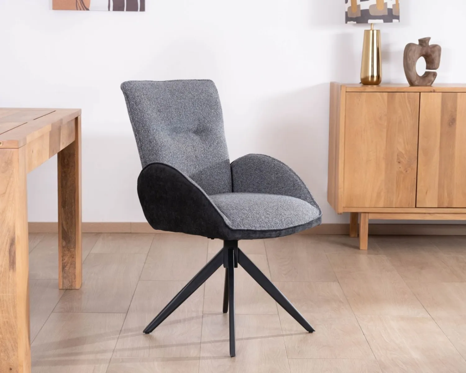 Meuble House Lot de 2 chaises avec accoudoirs en tissu bi-matière anthracite "Eddy" avec pied métal pivotant Online