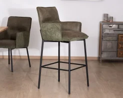 Meuble House Lot de 2 chaises de bar bi-matière vert et pieds en métal noir "Lokka" effet cuir vieilli esprit rétro Online