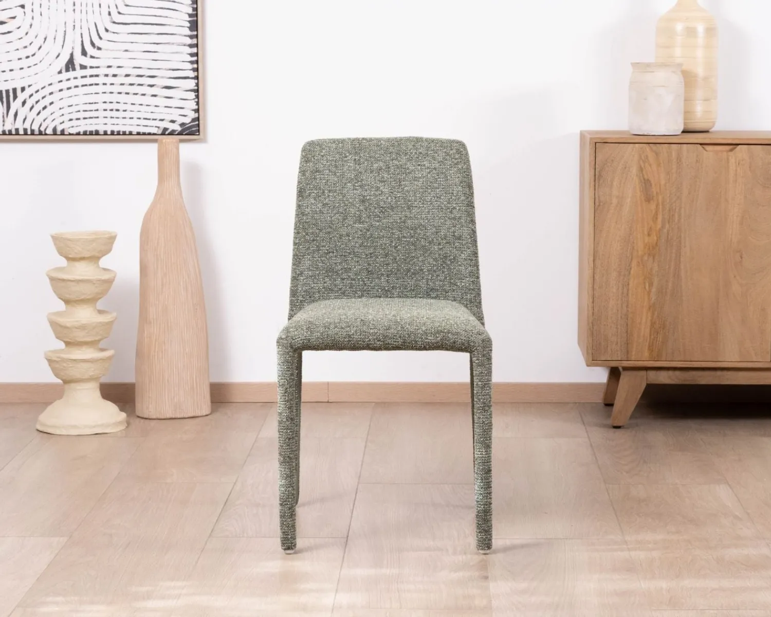 Meuble House Lot de 4 chaises de repas contemporaines “Otto” revêtement textile intégral en tissu vert sauge chiné Clearance