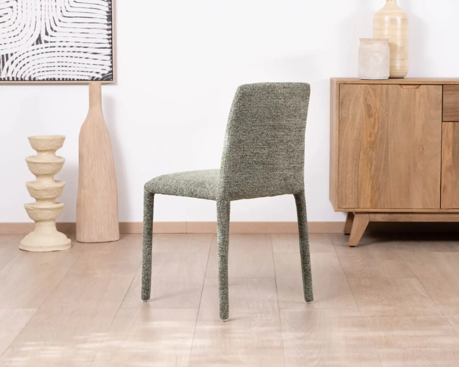 Meuble House Lot de 4 chaises de repas contemporaines “Otto” revêtement textile intégral en tissu vert sauge chiné Clearance