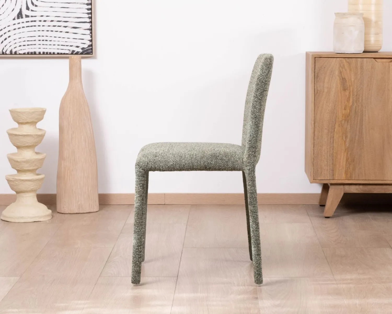 Meuble House Lot de 4 chaises de repas contemporaines “Otto” revêtement textile intégral en tissu vert sauge chiné Clearance