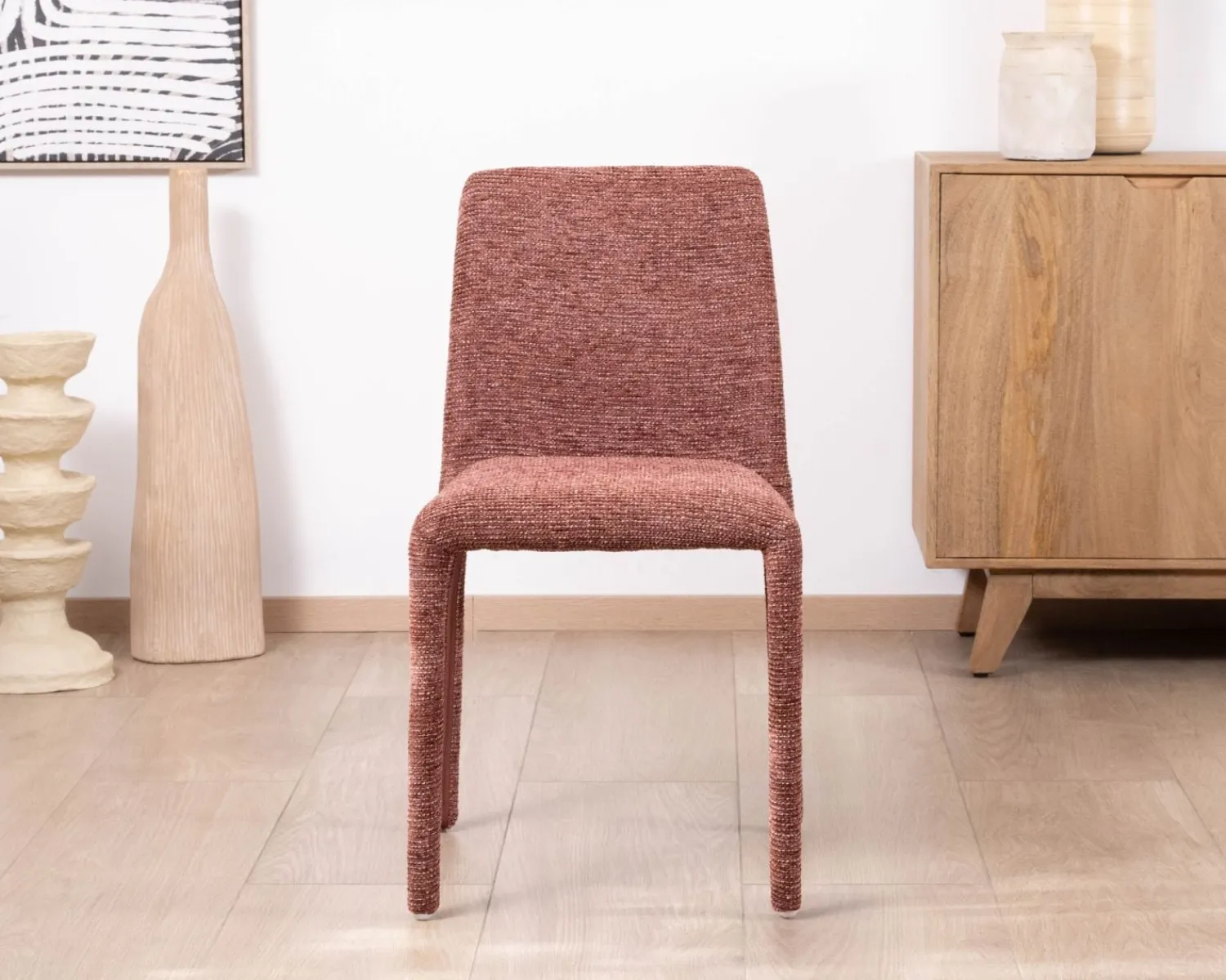 Meuble House Lot de 4 chaises de repas empilables avec habillage intégral "Otto" en tissu tramé rouge Discount