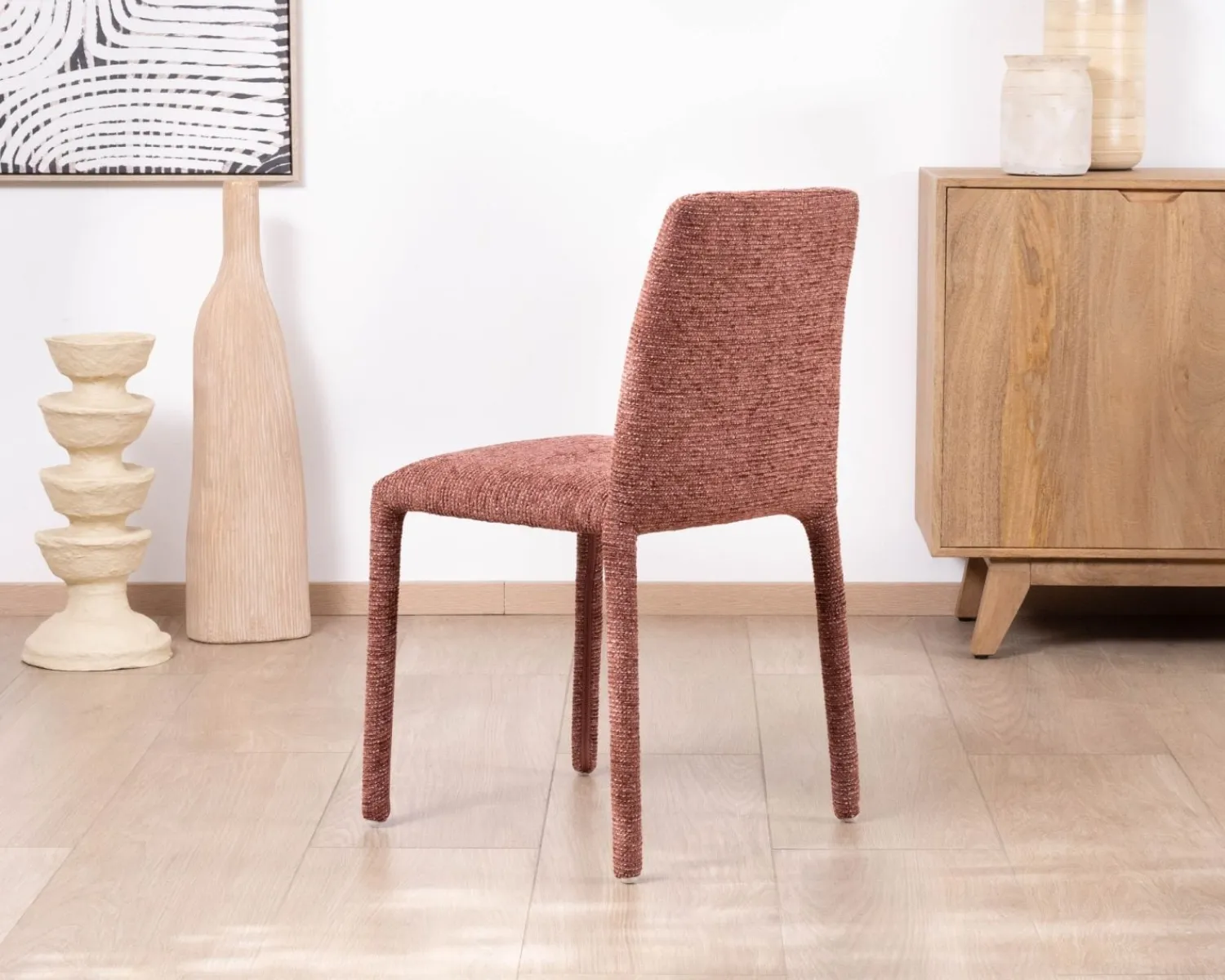 Meuble House Lot de 4 chaises de repas empilables avec habillage intégral "Otto" en tissu tramé rouge Discount