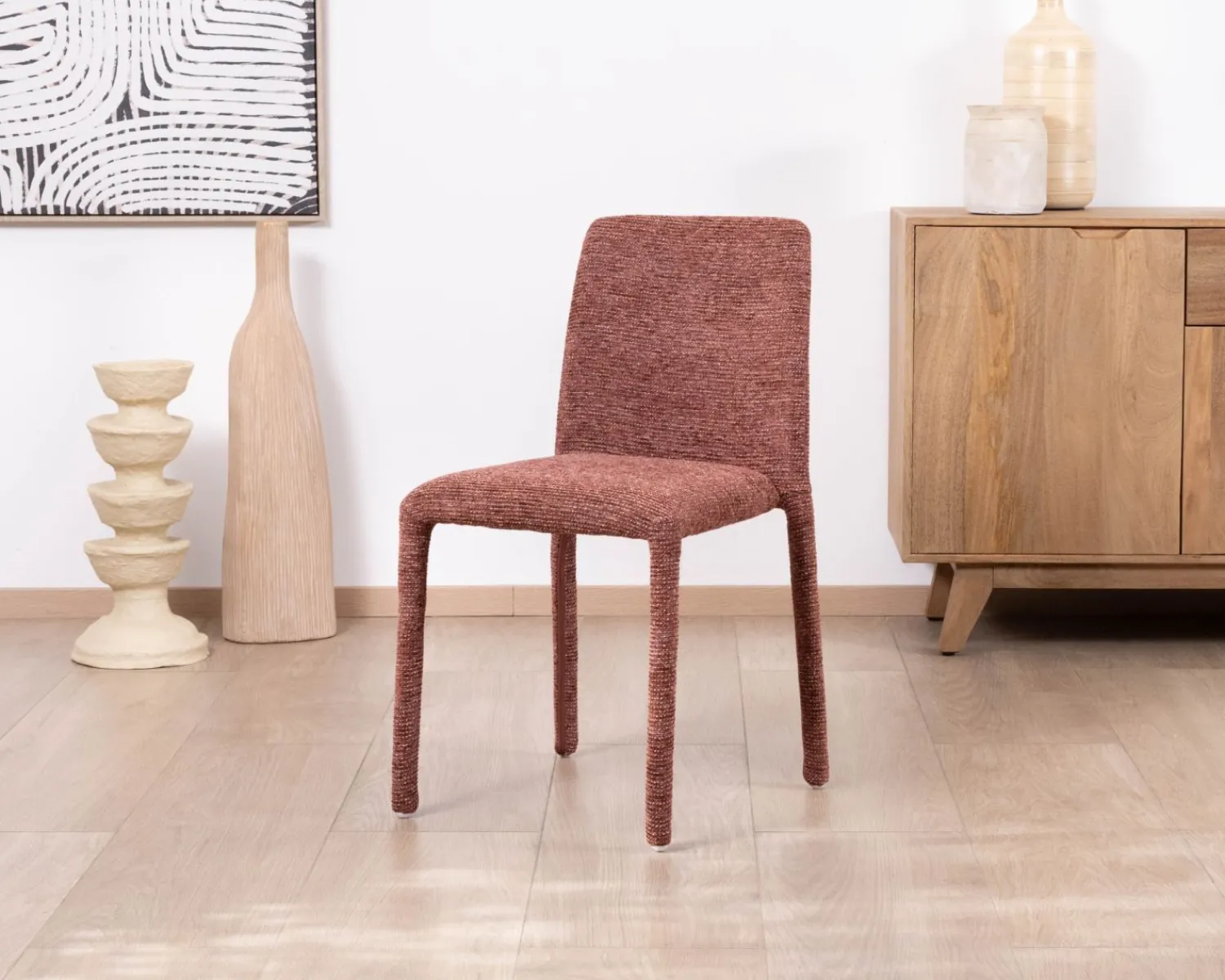 Meuble House Lot de 4 chaises de repas empilables avec habillage intégral "Otto" en tissu tramé rouge Discount