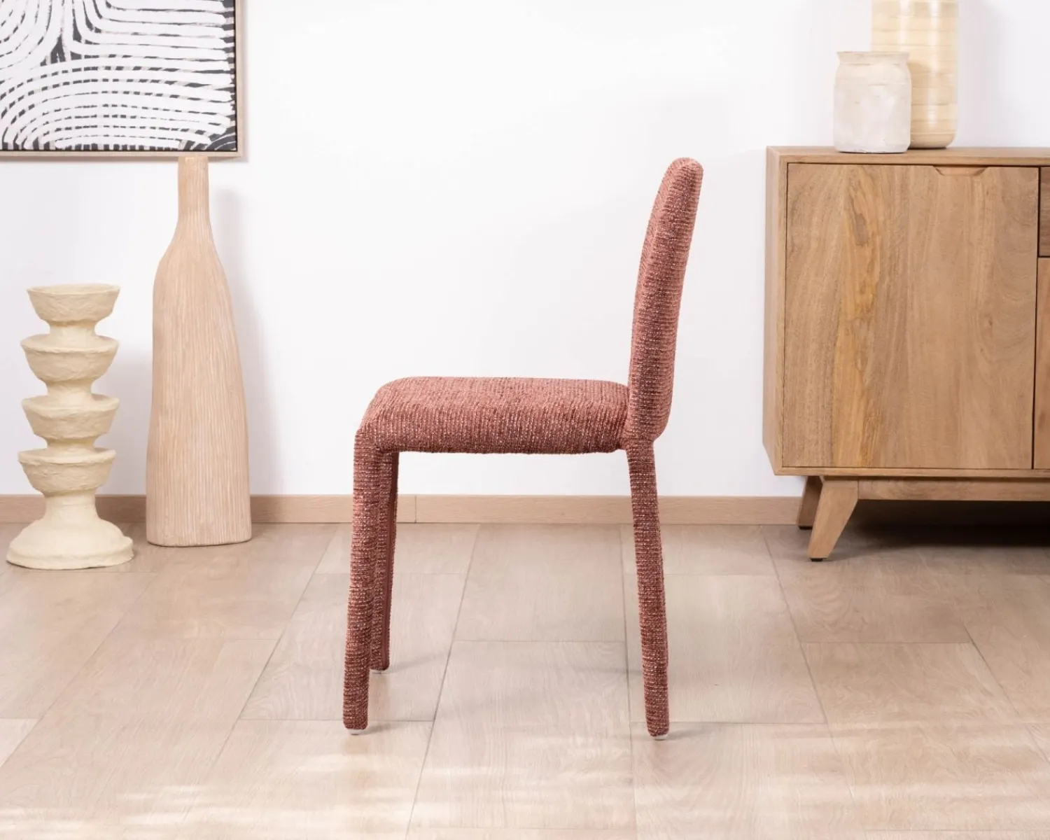 Meuble House Lot de 4 chaises de repas empilables avec habillage intégral "Otto" en tissu tramé rouge Discount