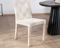 Meuble House Lot de 2 chaises de repas en teck et cuir blanc tressé "Mambow" Clearance