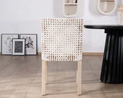 Meuble House Lot de 2 chaises de repas en teck et cuir blanc tressé "Mambow" Clearance