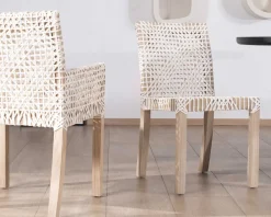 Meuble House Lot de 2 chaises de repas en teck et cuir blanc tressé