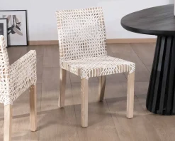 Meuble House Lot de 2 chaises de repas en teck et cuir blanc tressé