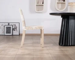 Meuble House Lot de 2 chaises de repas en teck et cuir blanc tressé