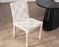 Meuble House Lot de 2 chaises de repas en teck et cuir blanc tressé