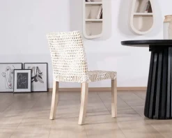 Meuble House Lot de 2 chaises de repas en teck et cuir blanc tressé