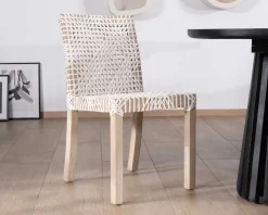 Meuble House Lot de 2 chaises de repas en teck et cuir blanc tressé