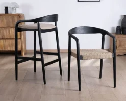 Meuble House Lot de 2 chaises design en bois noir et assise jute tressée 