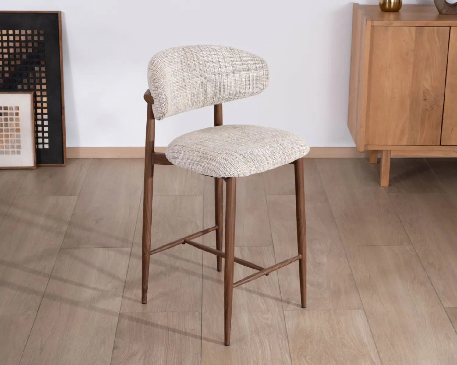 Meuble House Lot de 2 chaises mi-hauteur rétro en tissu tramé beige et marron "Arpège" pieds métal aspect noyer Clearance