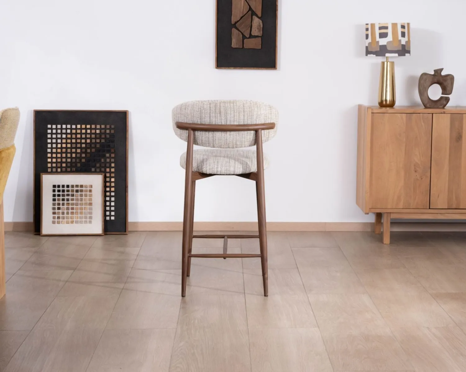 Meuble House Lot de 2 chaises mi-hauteur rétro en tissu tramé beige et marron "Arpège" pieds métal aspect noyer Clearance