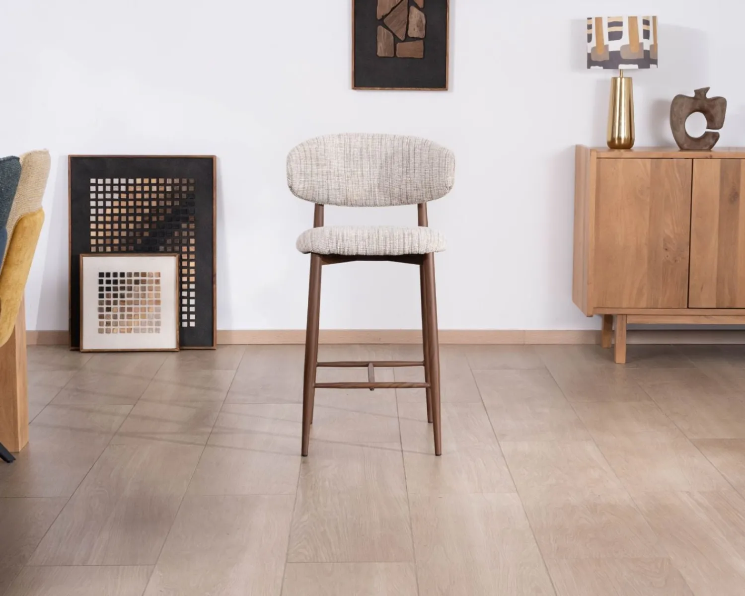 Meuble House Lot de 2 chaises mi-hauteur rétro en tissu tramé beige et marron "Arpège" pieds métal aspect noyer Clearance