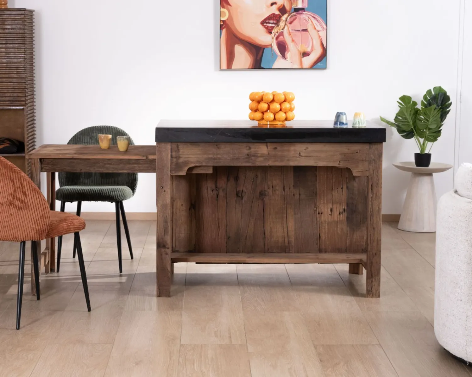 Meuble House Îlot de cuisine en teck recyclé avec coin snack extensible "Grana" plateau marbre noir Hot