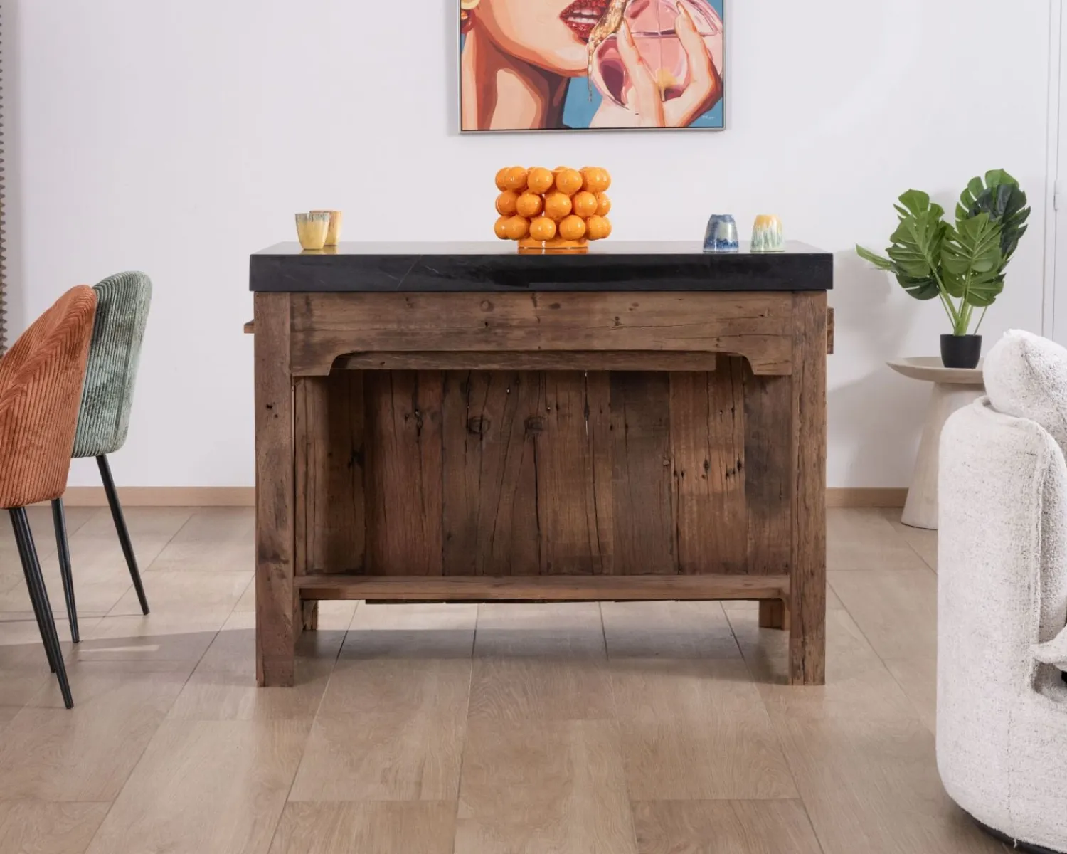 Meuble House Îlot de cuisine en teck recyclé avec coin snack extensible "Grana" plateau marbre noir Hot