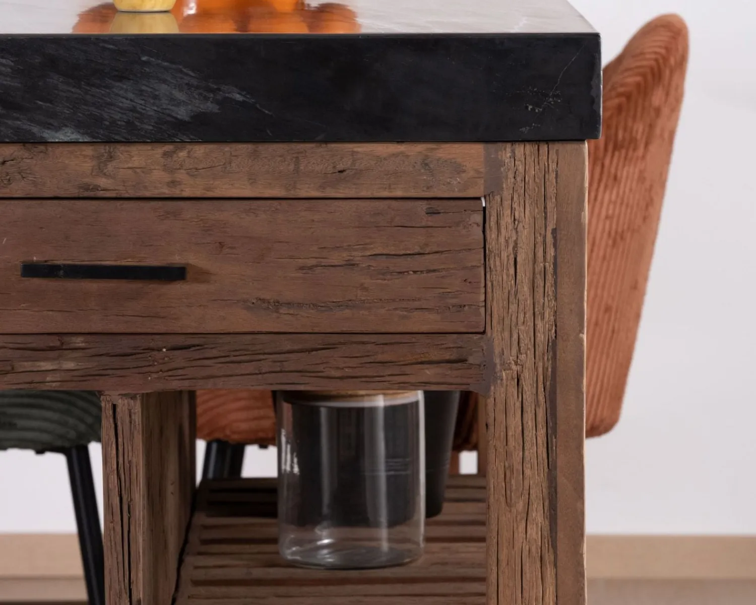 Meuble House Îlot de cuisine en teck recyclé avec coin snack extensible "Grana" plateau marbre noir Hot
