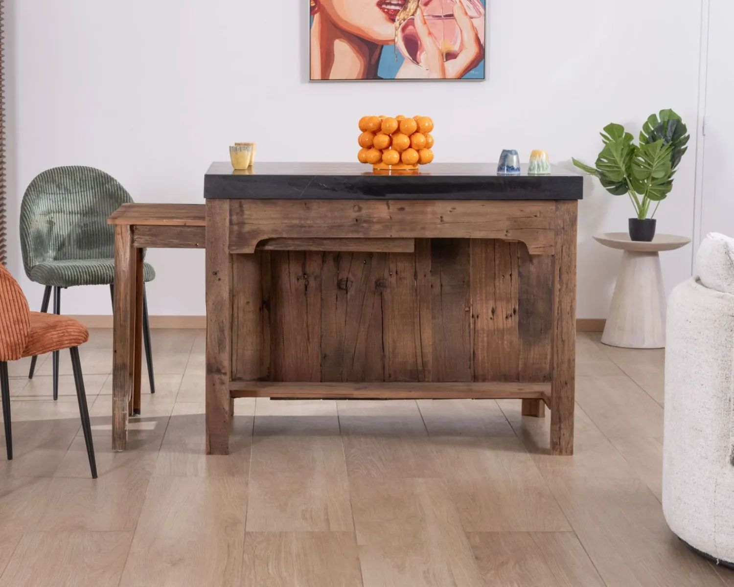 Meuble House Îlot de cuisine en teck recyclé avec coin snack extensible "Grana" plateau marbre noir Hot