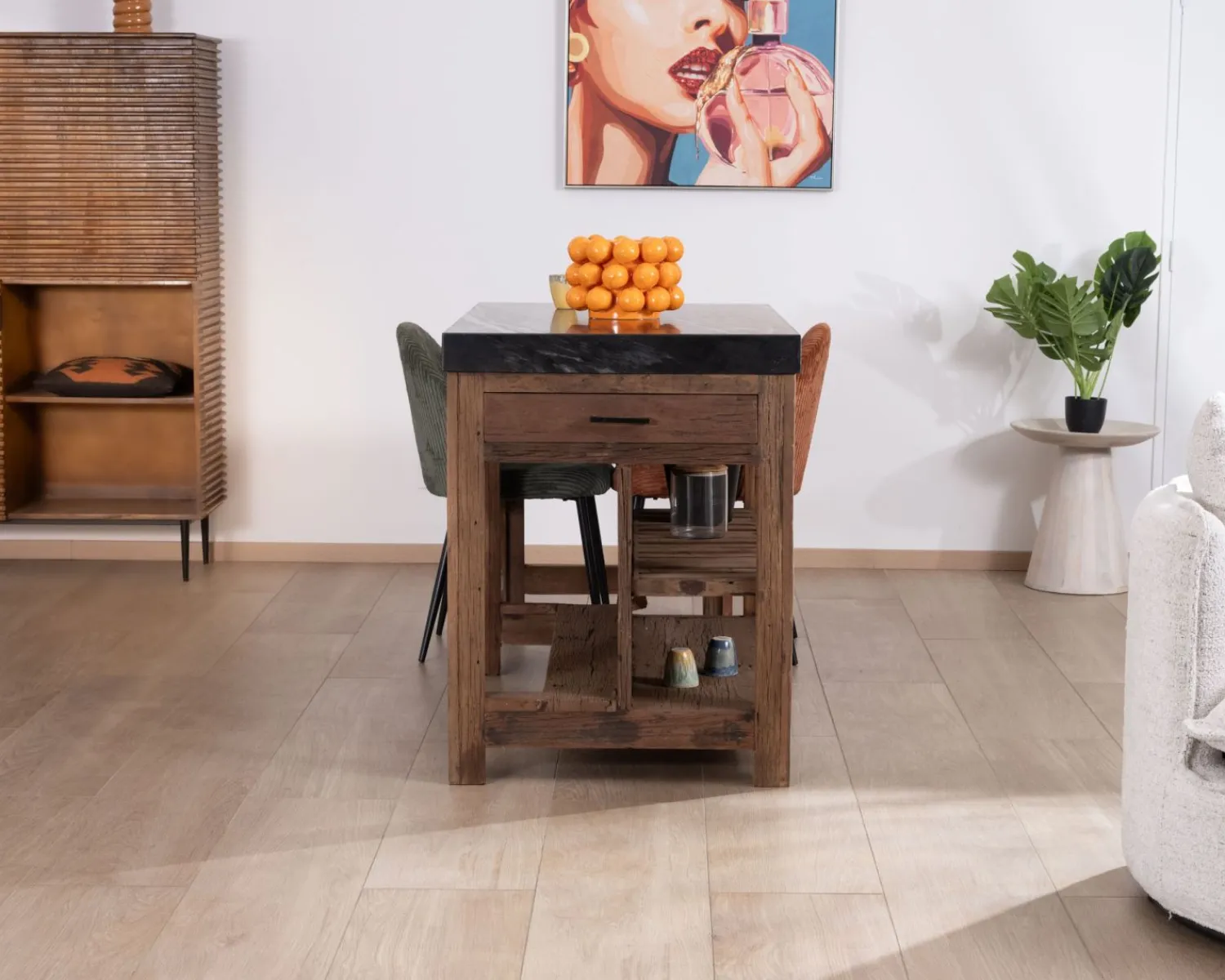 Meuble House Îlot de cuisine en teck recyclé avec coin snack extensible "Grana" plateau marbre noir Hot
