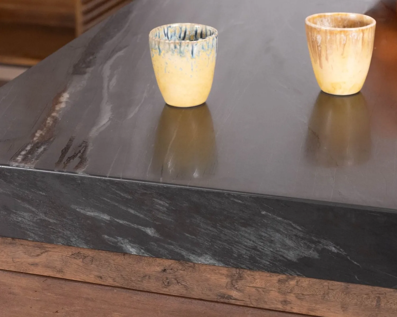 Meuble House Îlot de cuisine en teck recyclé avec coin snack extensible "Grana" plateau marbre noir Hot