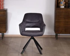 Meuble House Lot de 2 fauteuils de repas contemporains pivotants sur pied métal noir "Chilko" en tissu bi texturé gris New