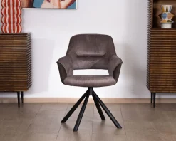 Meuble House Lot de 2 fauteuils de repas enveloppants en tissu bi texturé chocolat et pied pivotant en métal 