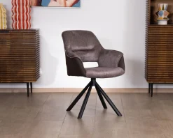 Meuble House Lot de 2 fauteuils de repas enveloppants en tissu bi texturé chocolat et pied pivotant en métal 