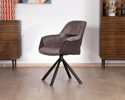 Meuble House Lot de 2 fauteuils de repas enveloppants en tissu bi texturé chocolat et pied pivotant en métal 
