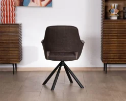 Meuble House Lot de 2 fauteuils de repas enveloppants en tissu bi texturé chocolat et pied pivotant en métal 