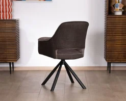 Meuble House Lot de 2 fauteuils de repas enveloppants en tissu bi texturé chocolat et pied pivotant en métal 
