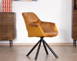 Meuble House Lot de 2 fauteuils de repas pivotants et enveloppants en tissu bi texturé jaune moutarde