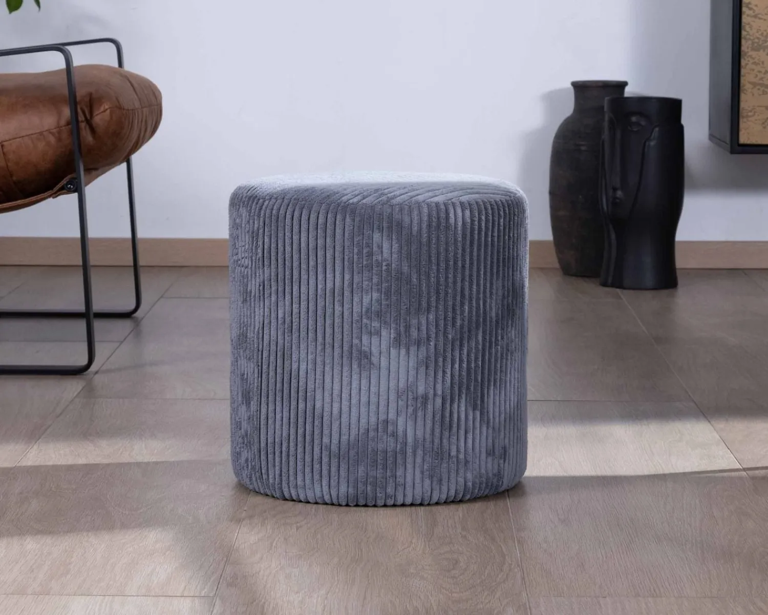 Meuble House Lot de 2 poufs ronds en velours côtelé gris "Snaw" diamètre 35 cm Discount