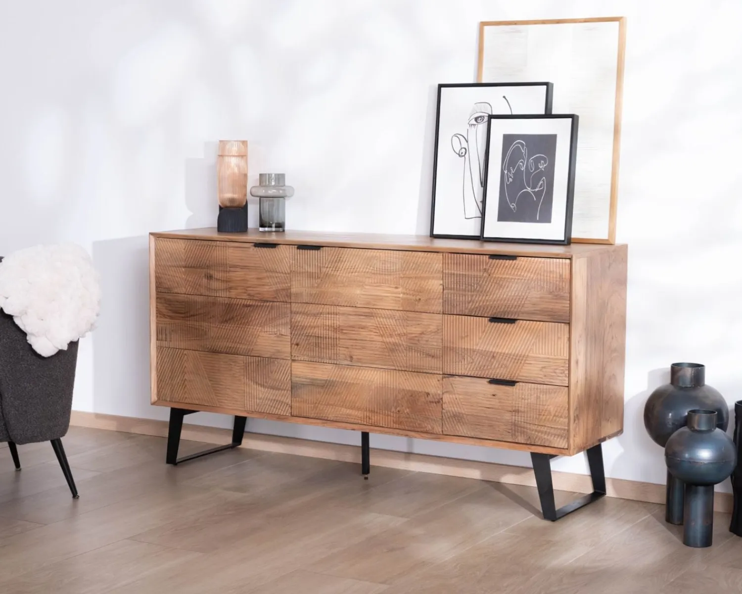 Meuble House Meuble de rangement bas 160 cm avec tiroirs "Uky" design contemporain esprit rétro Sale