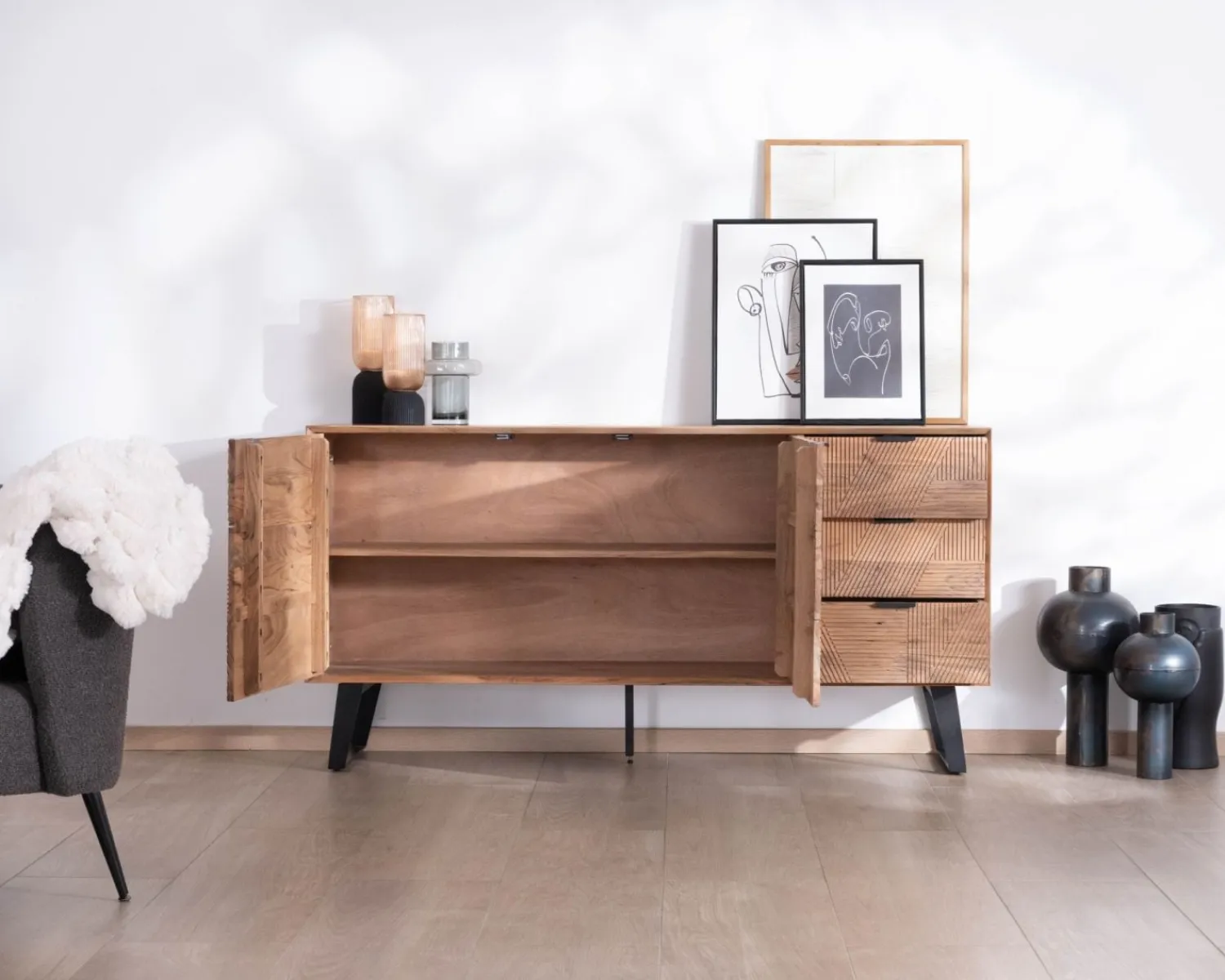 Meuble House Meuble de rangement bas 160 cm avec tiroirs "Uky" design contemporain esprit rétro Sale