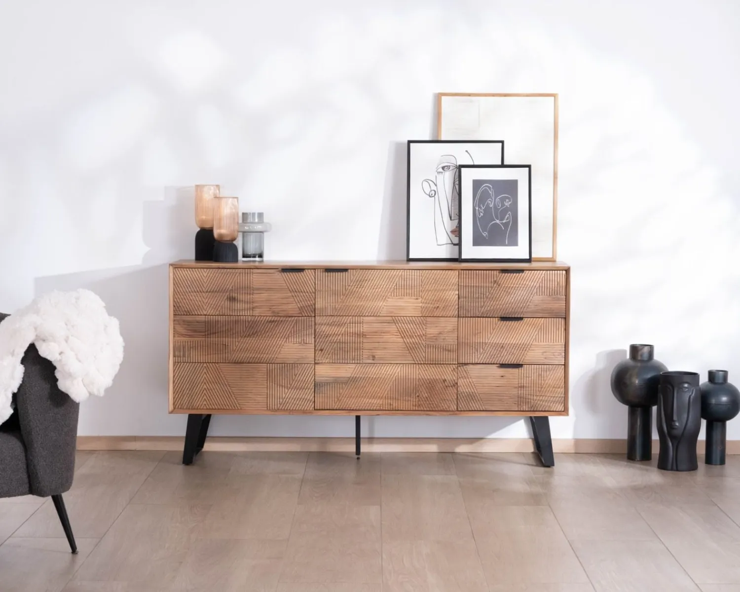 Meuble House Meuble de rangement bas 160 cm avec tiroirs "Uky" design contemporain esprit rétro Sale