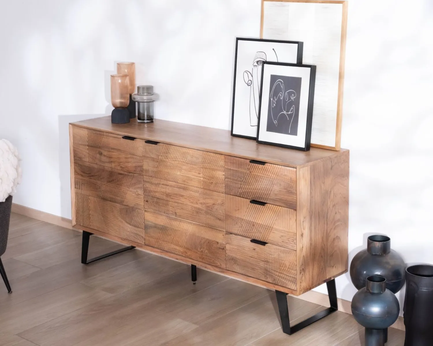 Meuble House Meuble de rangement bas 160 cm avec tiroirs "Uky" design contemporain esprit rétro Sale