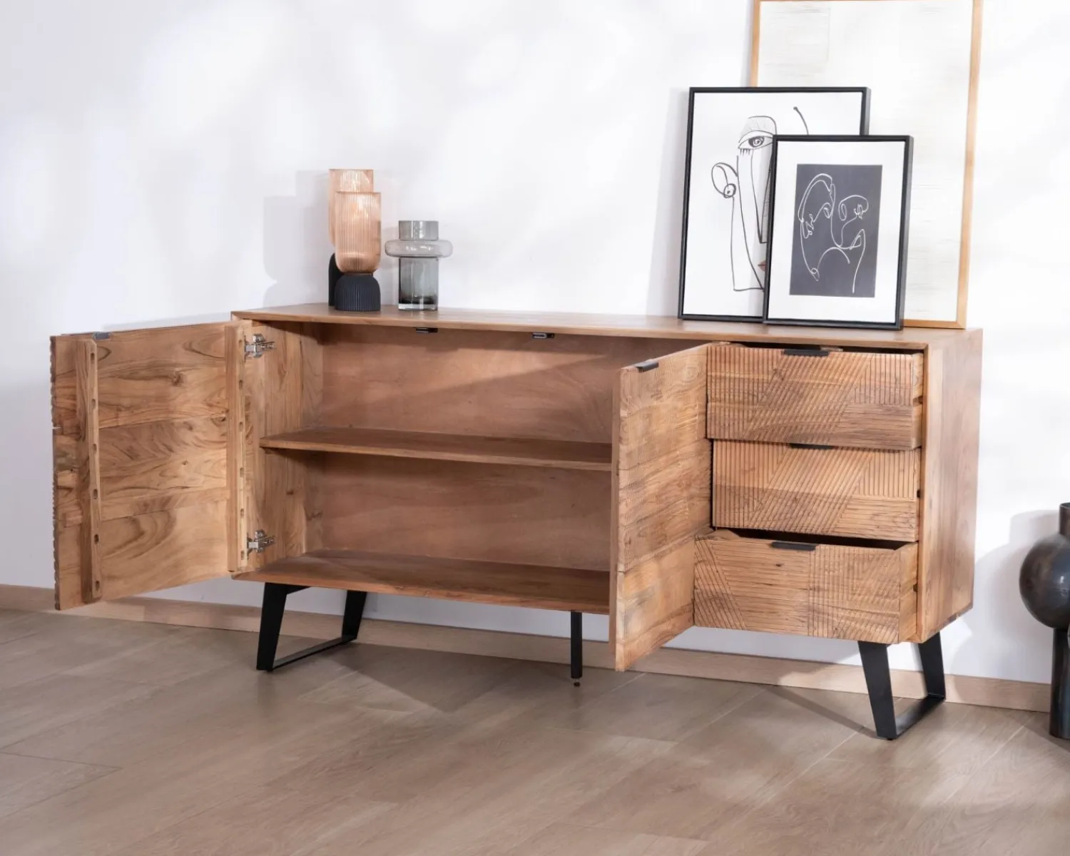 Meuble House Meuble de rangement bas 160 cm avec tiroirs "Uky" design contemporain esprit rétro Sale
