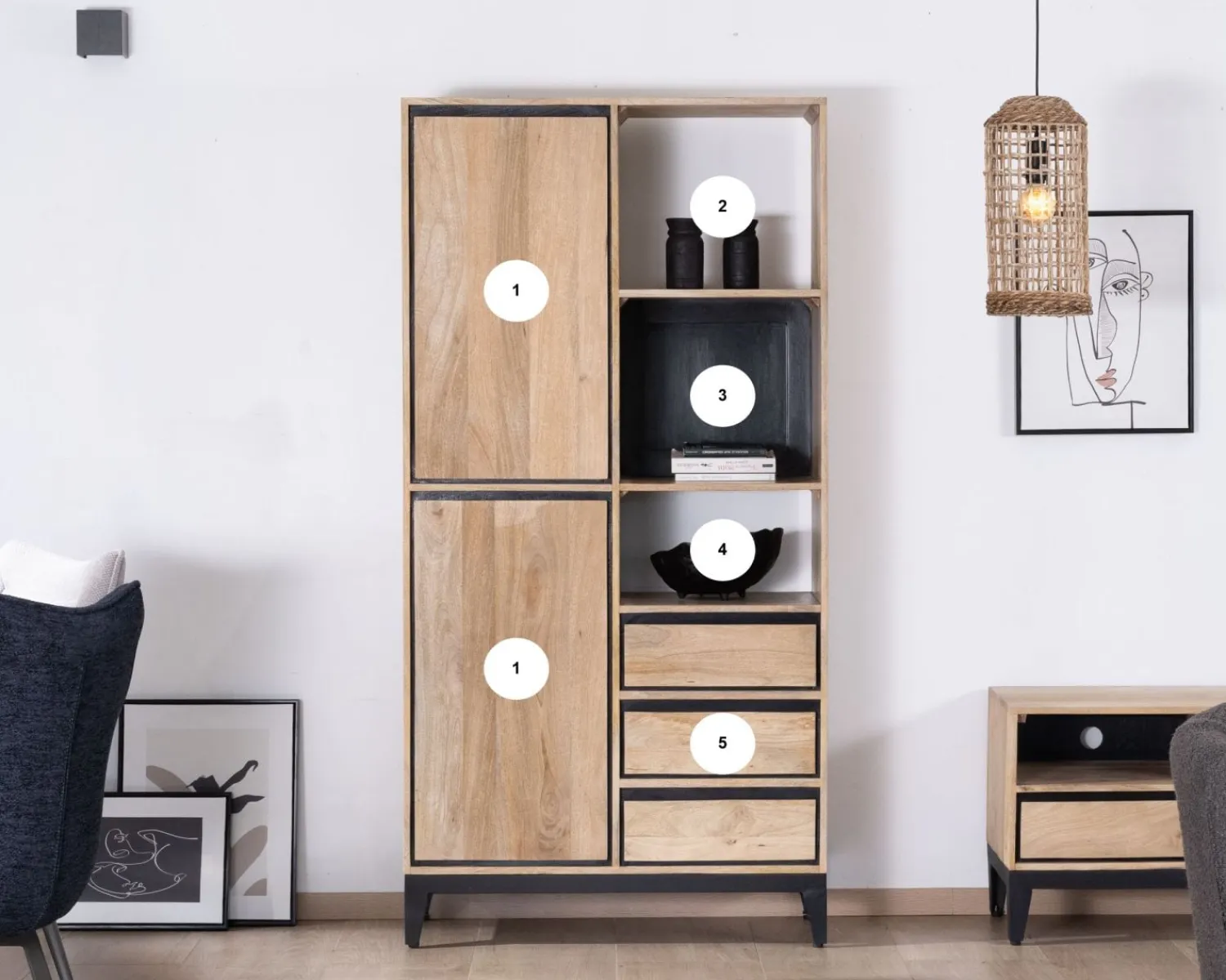 Meuble House Meuble de rangement haut en manguier naturel et noir design épuré "Bocca" Online