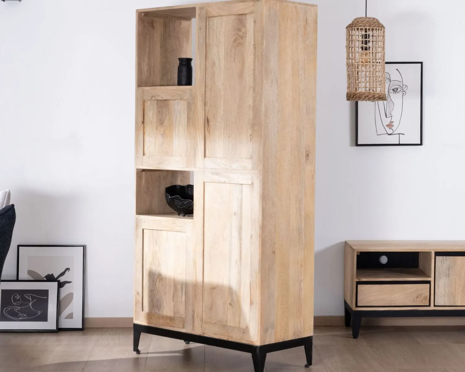 Meuble House Meuble de rangement haut en manguier naturel et noir design épuré "Bocca" Online