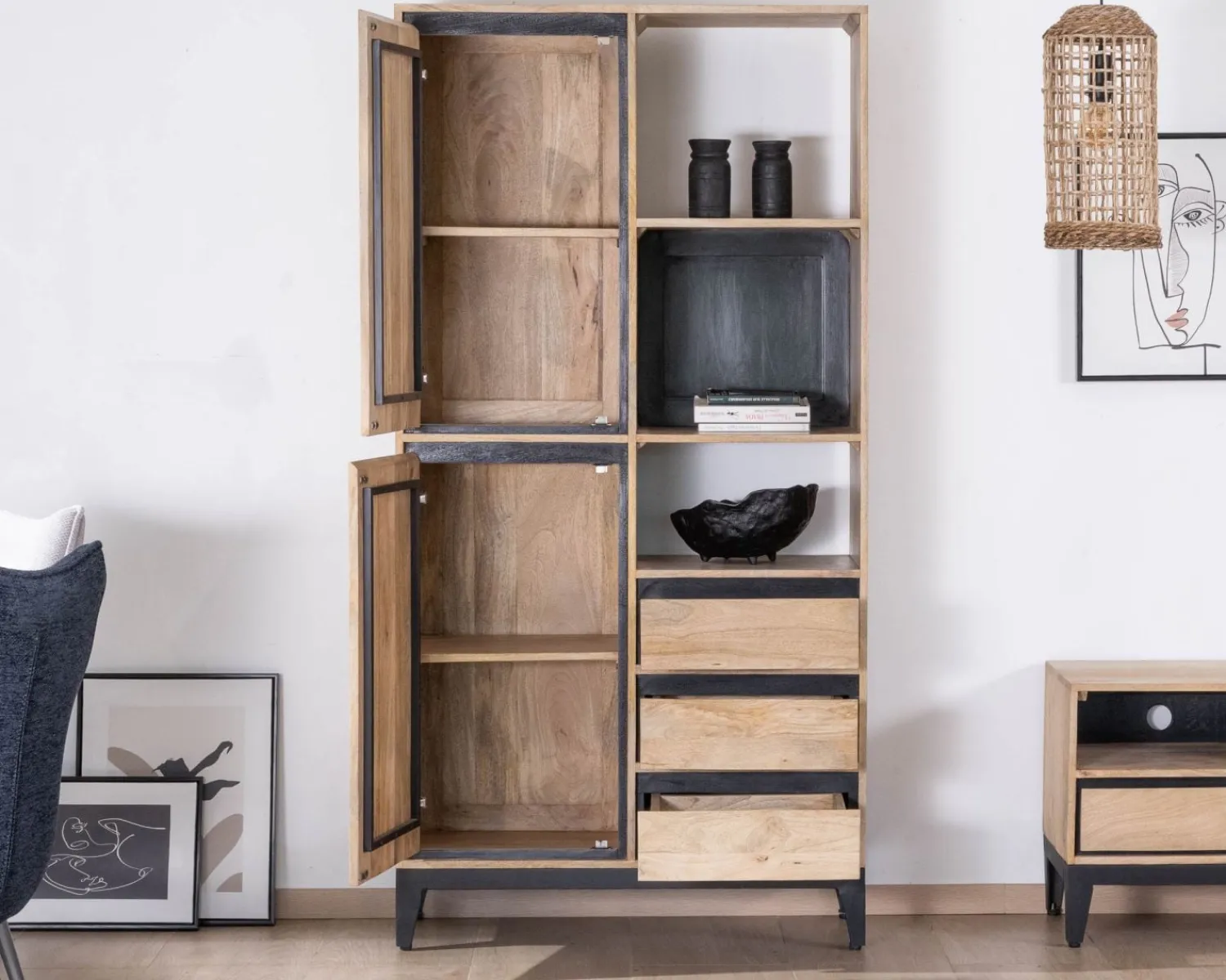 Meuble House Meuble de rangement haut en manguier naturel et noir design épuré "Bocca" Online
