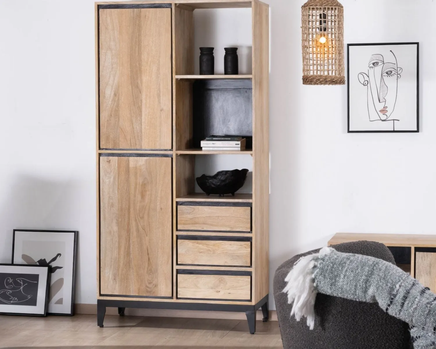 Meuble House Meuble de rangement haut en manguier naturel et noir design épuré "Bocca" Online