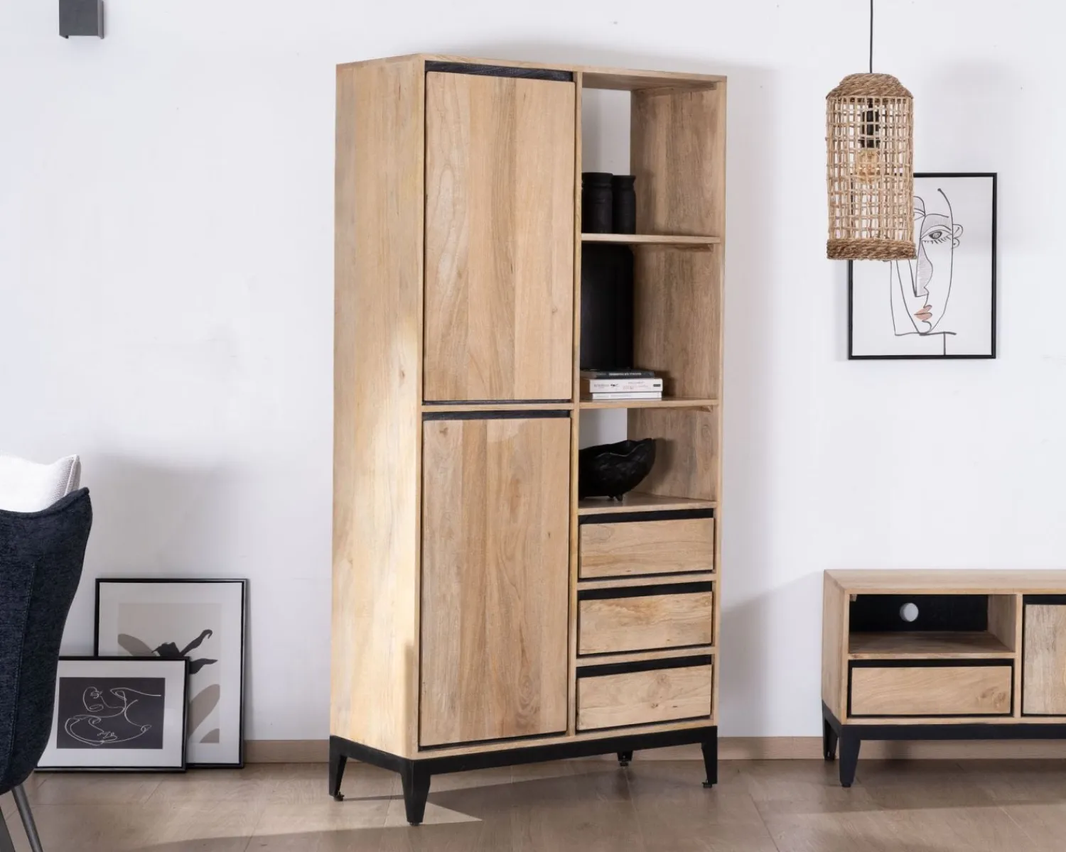 Meuble House Meuble de rangement haut en manguier naturel et noir design épuré "Bocca" Online