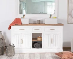 Meuble House Meuble de salle bain double en acacia naturel et blanc 